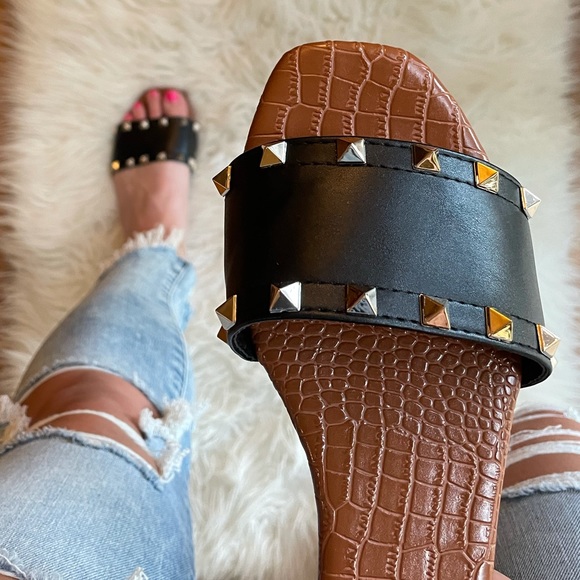 Black Gold Studded Slide Sandals - Picture 12 of 15